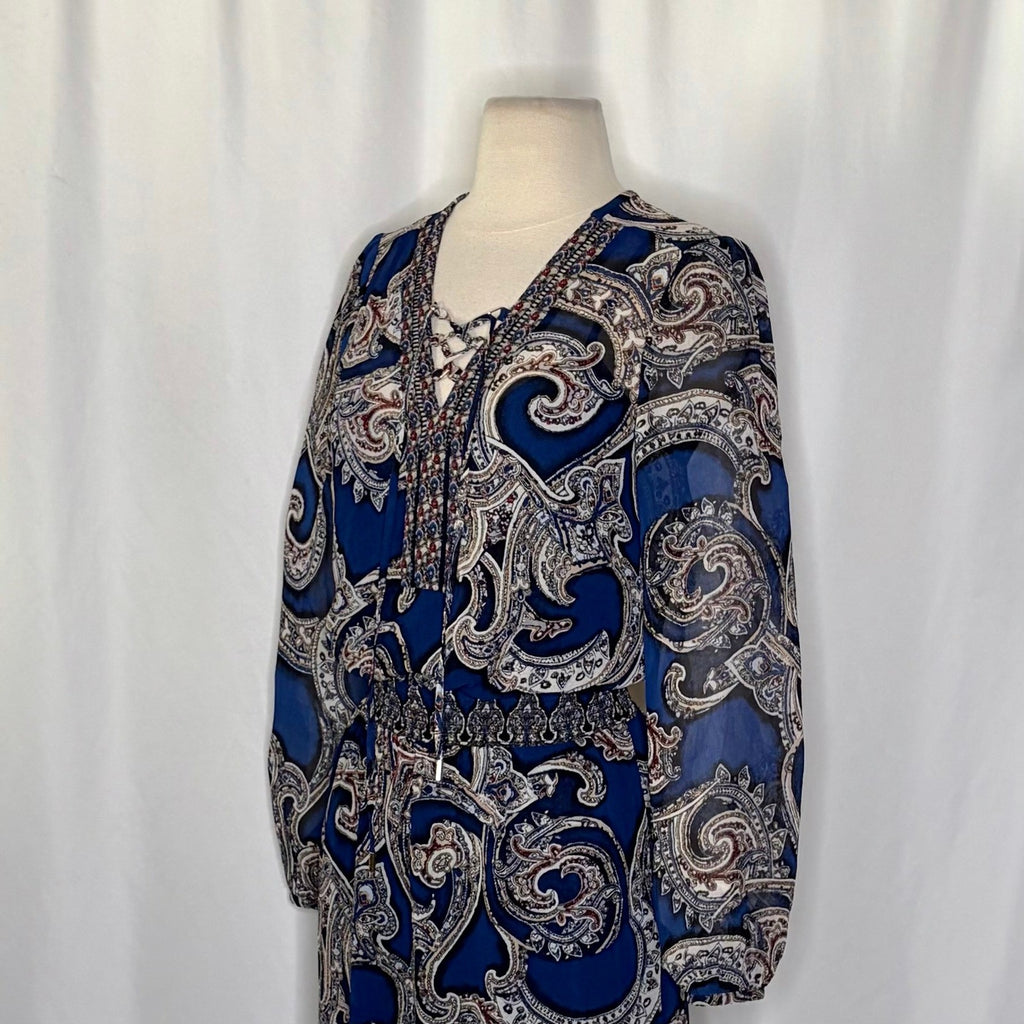 NEW!! WHBM Blue Paisley Smocked Waist Lace-Up Dress White House Black Market 0