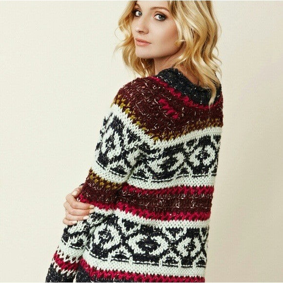 FREE PEOPLE Silver Reed Chunky Knit Fairisle Fair Isle Sweater Wool Linen Small