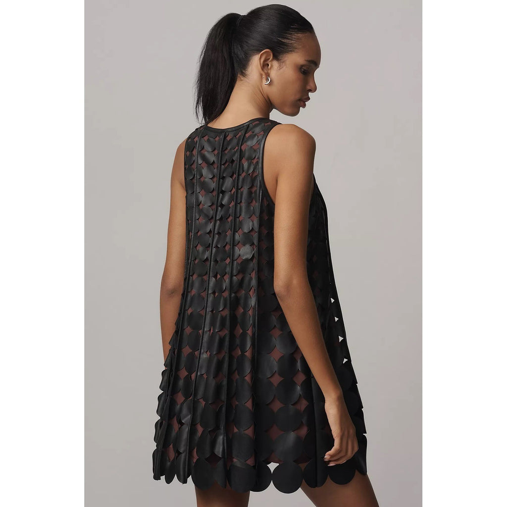 Anthropologie MAEVE Faux Leather Sleeveless Swing Dress Black Circles Mini Small