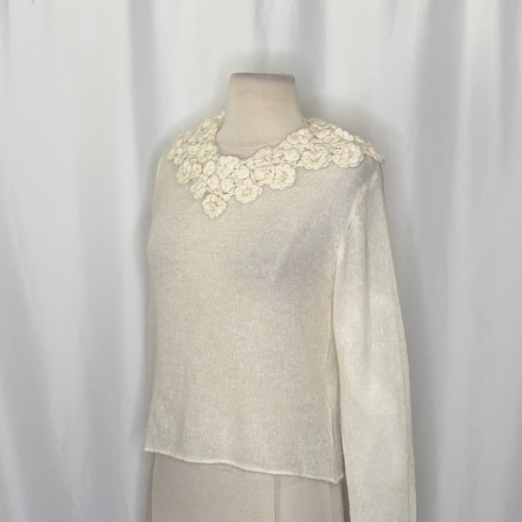 ZARA Alpaca Wool Ecru Crochet Flower Appliqué Sweater Blogger Favorite Small