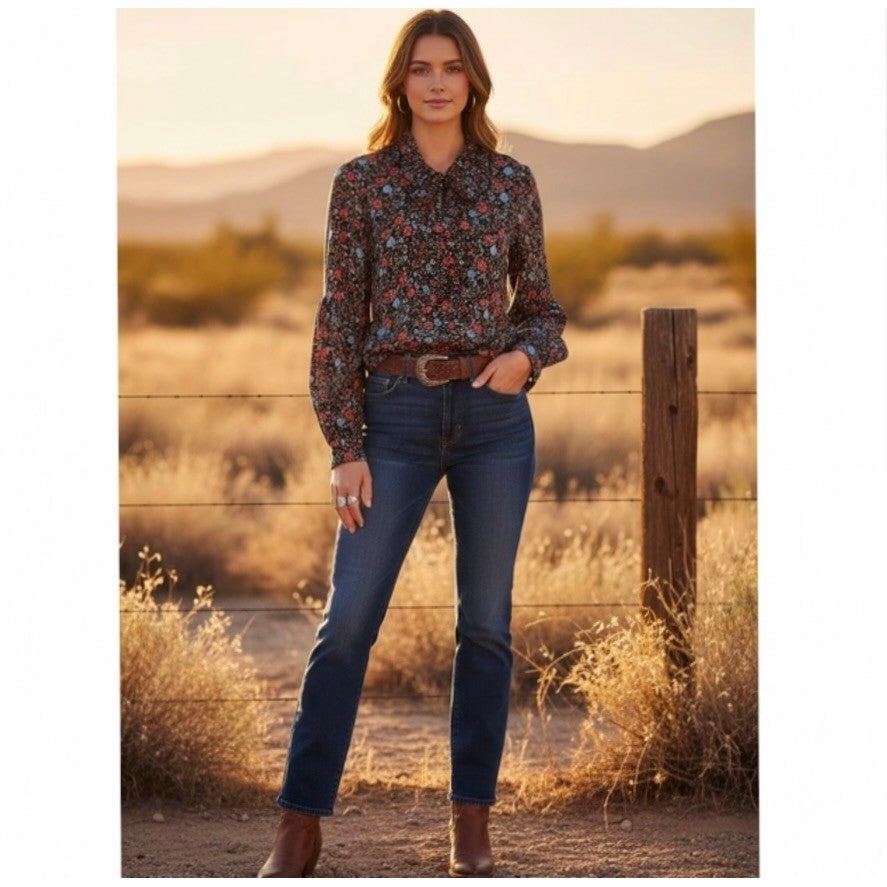 FREE PEOPLE Black Floral Ruffled Poet Top Blouse Buttondown Bohemian Medium