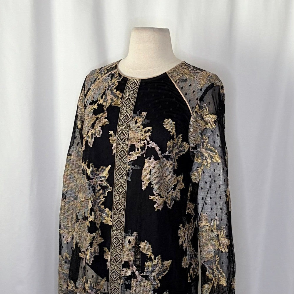 HALE BOB Floral Embroidered Mesh Top Blouse Long Sleeve Jacquard Romantic Medium
