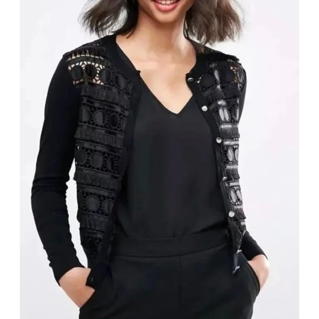 NWT!! TED BAKER London Ellenii Circle Fringe Lace Knit Cardigan Black Size 5 XL
