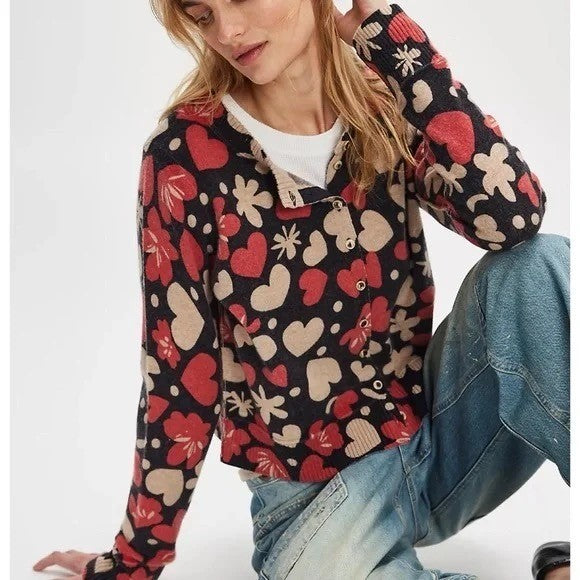 NWT!! FREE PEOPLE Nocturnal Patterned Cardi Black Retro Combo Hearts Floral XS