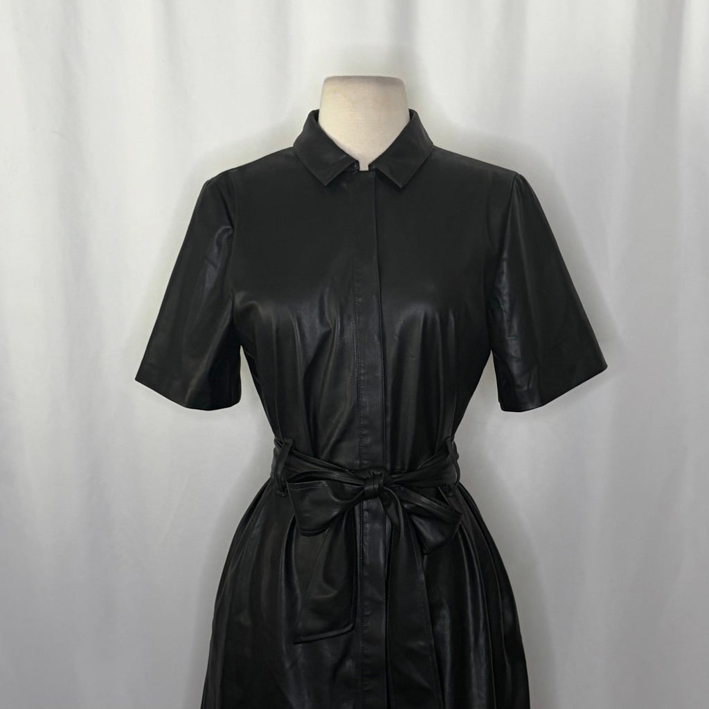 NWT!! J. CREW Solid Black Button Front Faux Leather Dress Belted Vegan Small