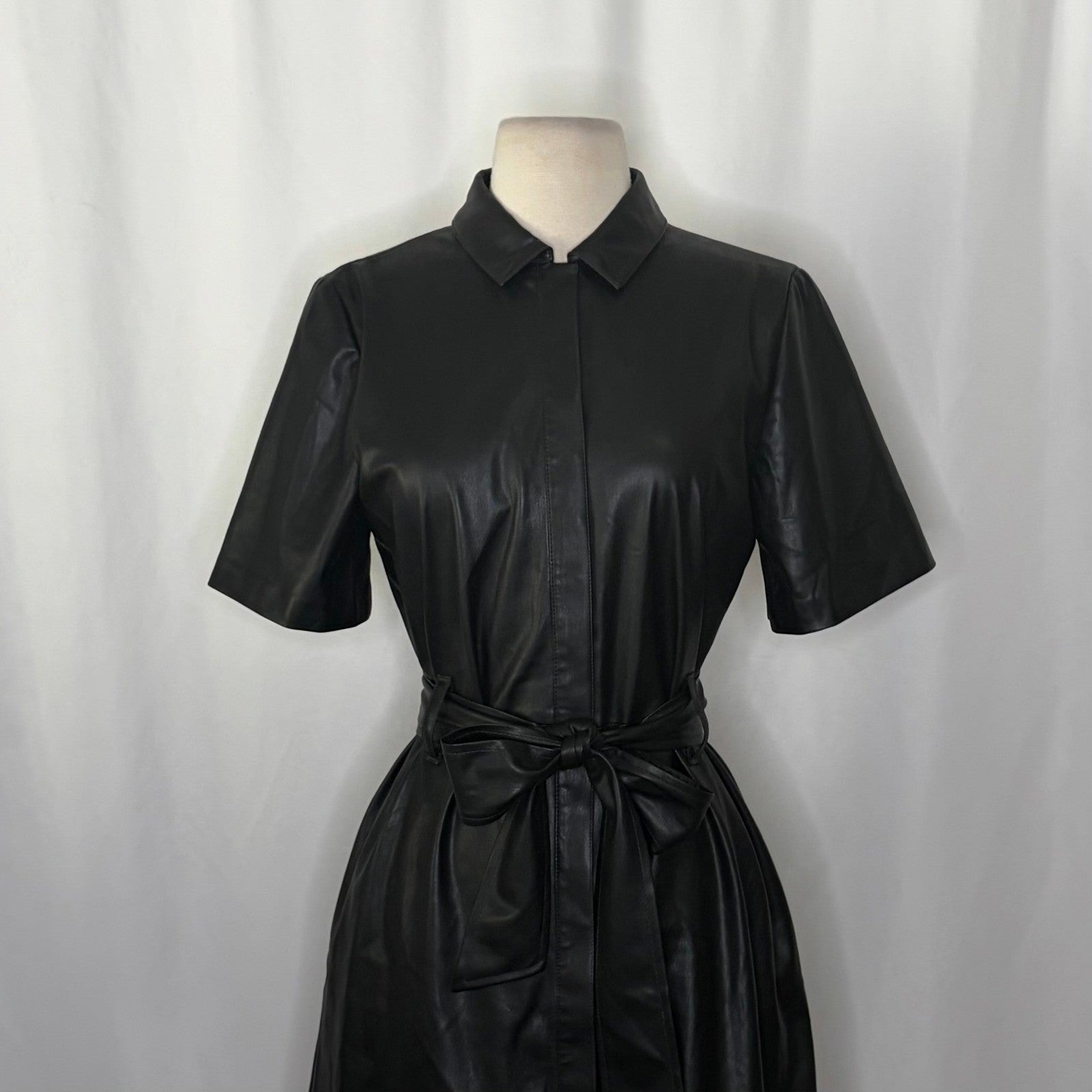 NWT!! J. CREW Solid Black Button Front Faux Leather Dress Belted Vegan Small
