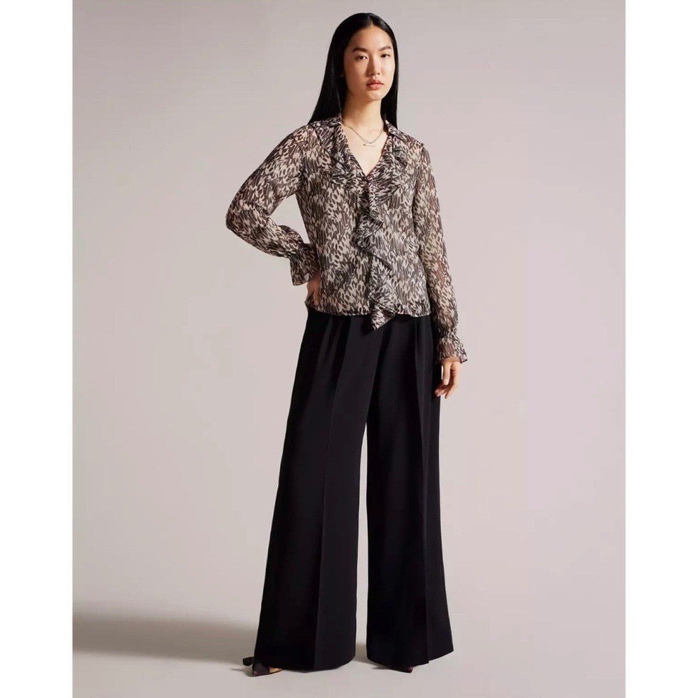 TED BAKER Bertei V Neck Ruffle Blouse Top Brown Abstract Chic Size 6 / US 14