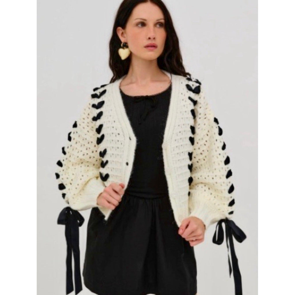 FOR LOVE & LEMONS Laurel Cardigan Sweater Office White Black Ribbons X-Small