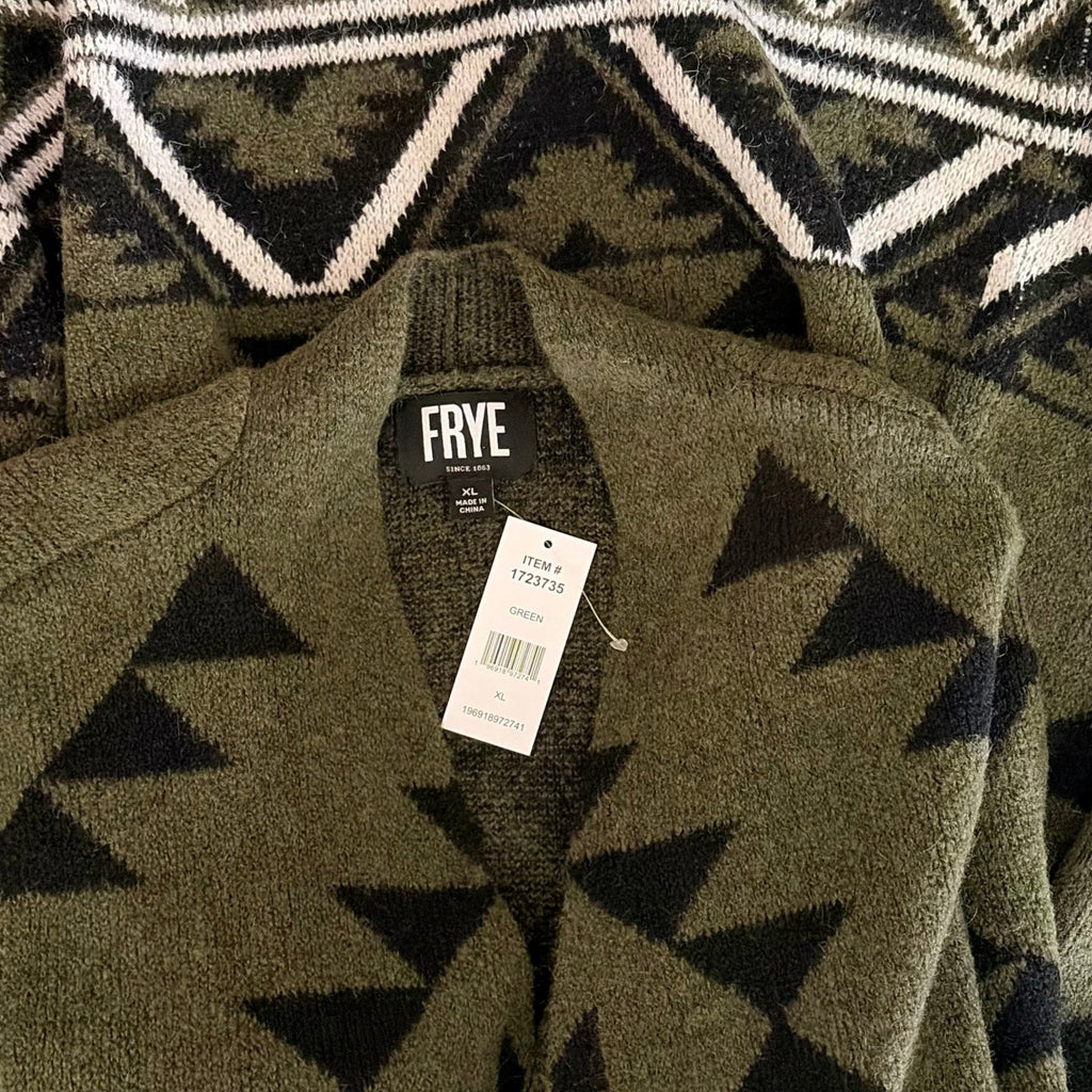 NWT!! FRYE Patterned Cozy Cardigan Sweater Burnt Olive Combo Green X-Large