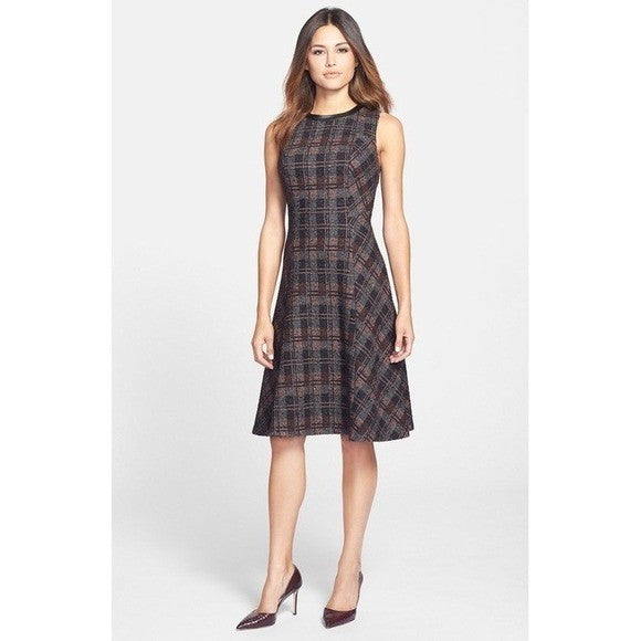 CLASSIQUES ENTIER Stella Tweed A-Line Fit N' Flare Dress Leather Wool Plaid 8