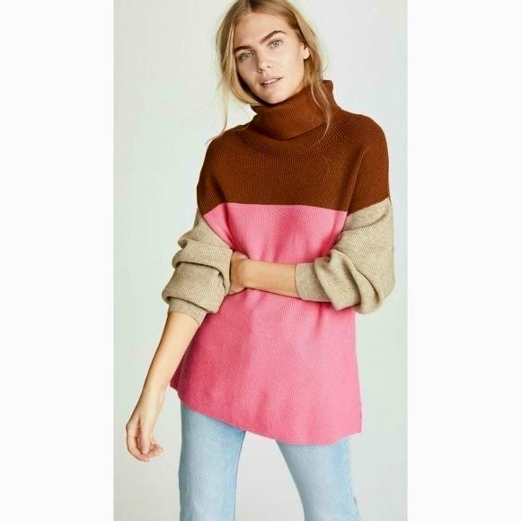FREE PEOPLE Softly Structured Colorblock Sweater Turtleneck Candy Pop Medium