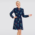 DRAPER JAMES Tisdale Navy Blue Floral Dress Tie Neck Ruffle Shoulders Size 8