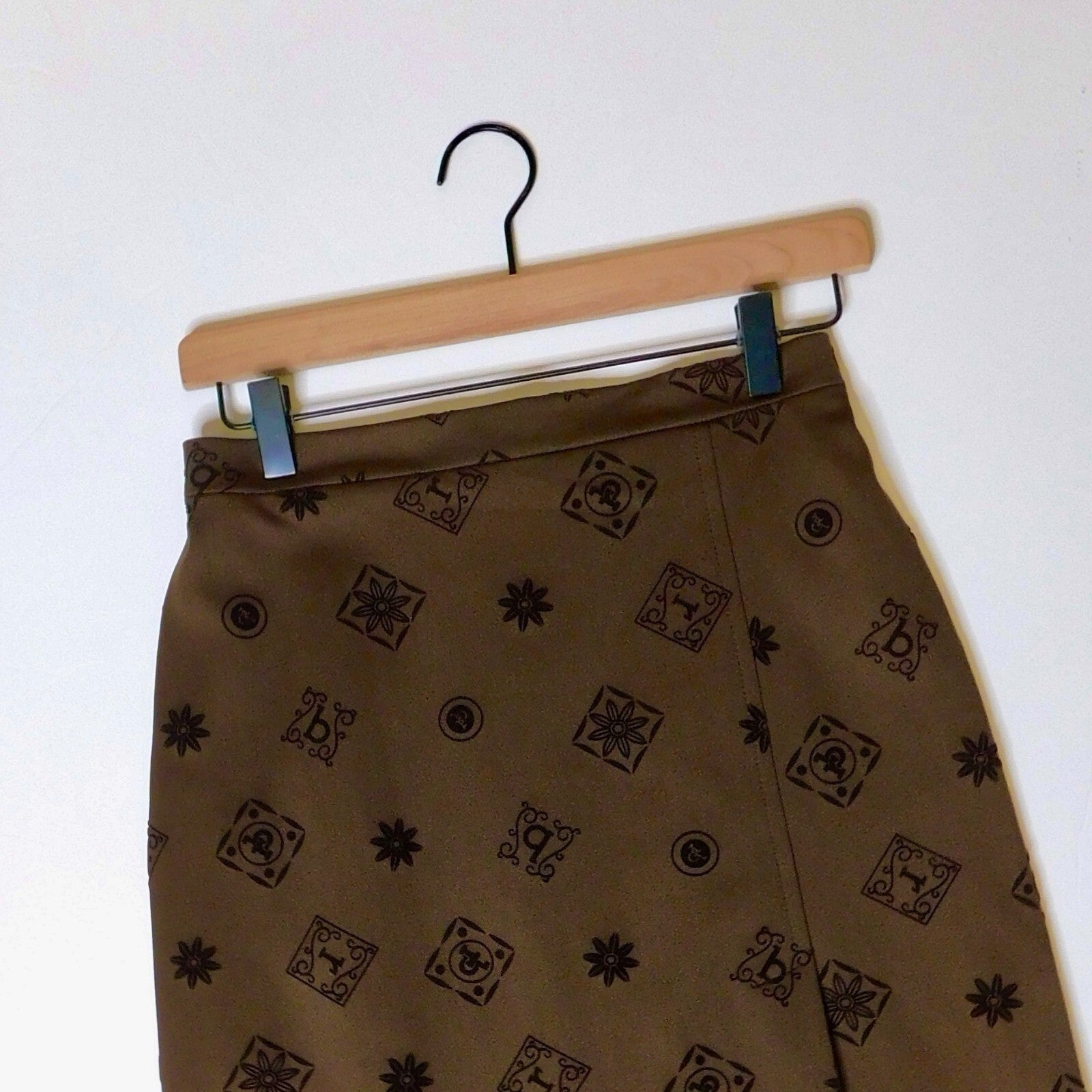 ROCCOBAROCCO Jeans Italian Brown Logo Print A-Line Skirt Flocked Office Size 8