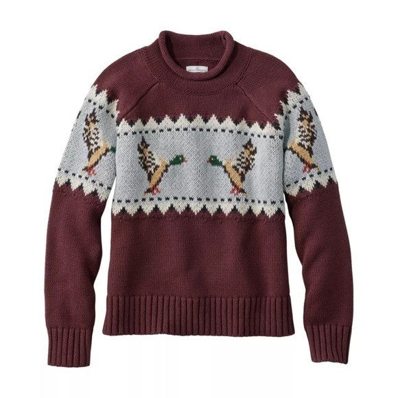 NWT!! L.L. BEAN Signature Currant Mallard Fair Isle Duck Cotton Sweater X-Small