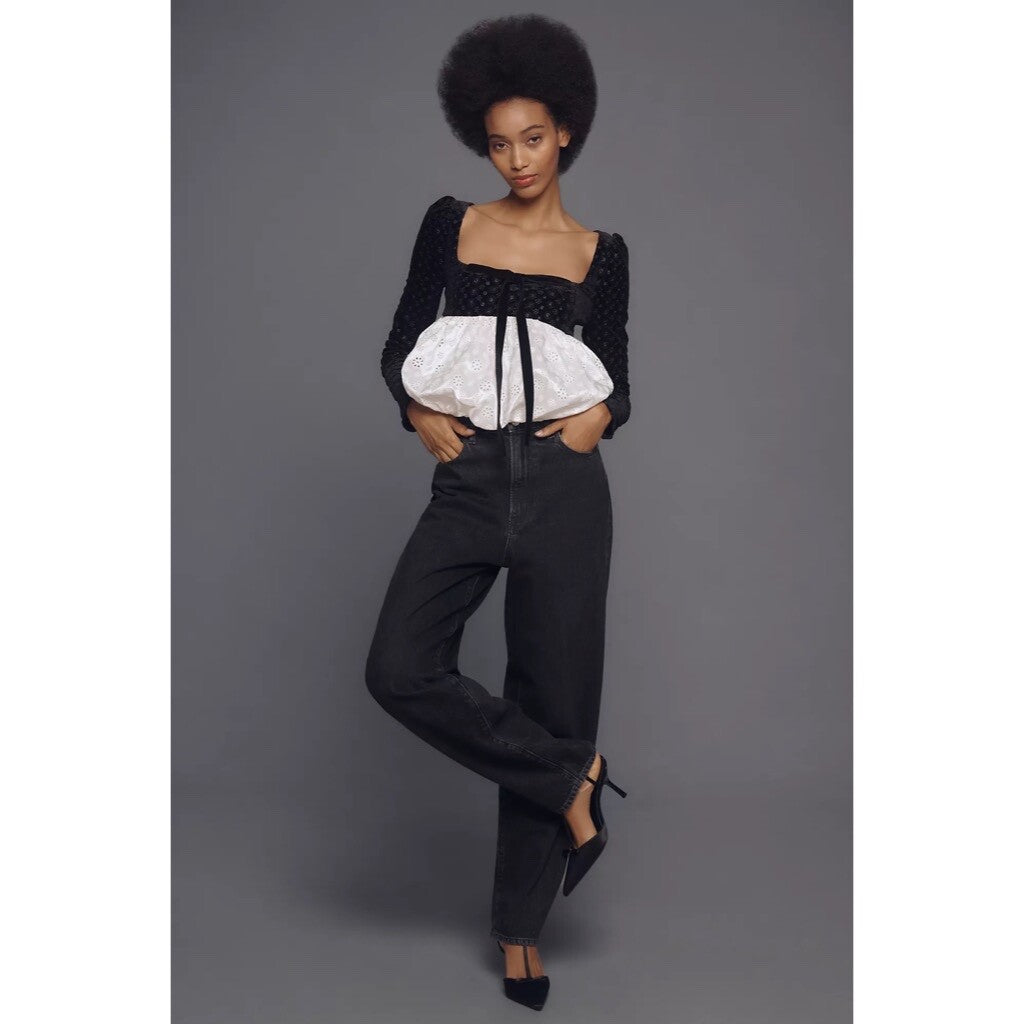 NWT!! FOR LOVE AND LEMONS Elisa Long Sleeve Top Black Velvet Taffeta Eyelet XS