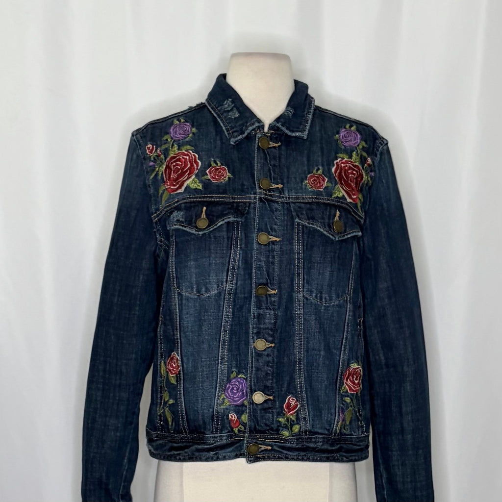 BLANK NYC Floral Embroidered Denim Jean Jacket Distressed Pockets Buttons Medium