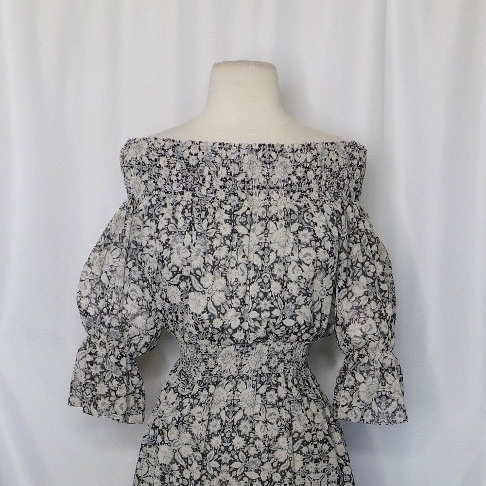 MISA Los Angeles Floral Smocked Midi Dress Black Gray Pink Off Shoulder X-Small