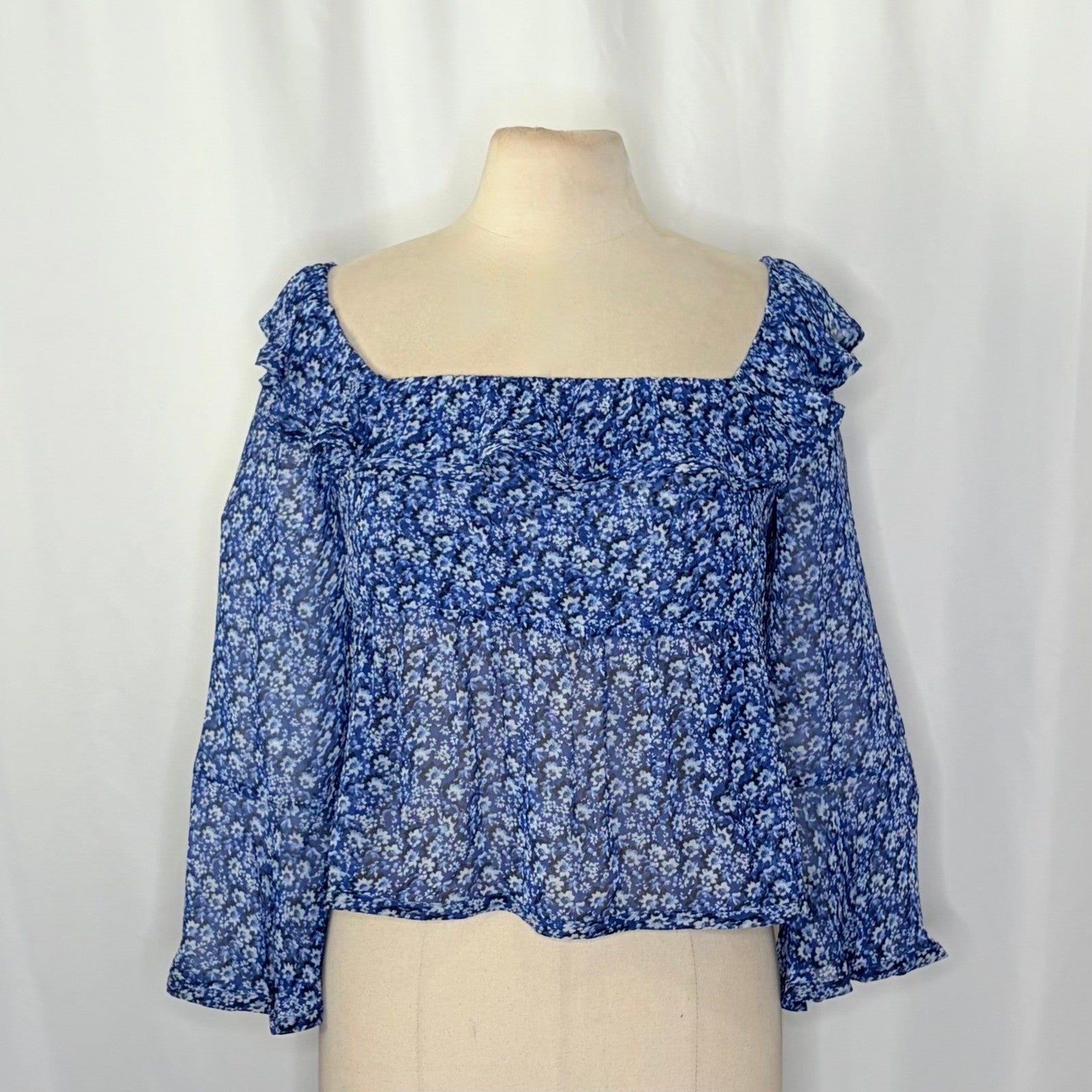 Anthropologie MAEVE Square Neck Sheer Babydoll Top Blue White Floral Large
