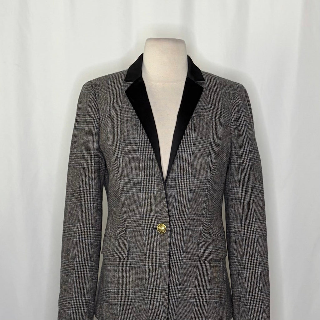 J. CREW Wool Regent Blazer Plaid Satin Lapels Houndstooth Black Gray Size 6