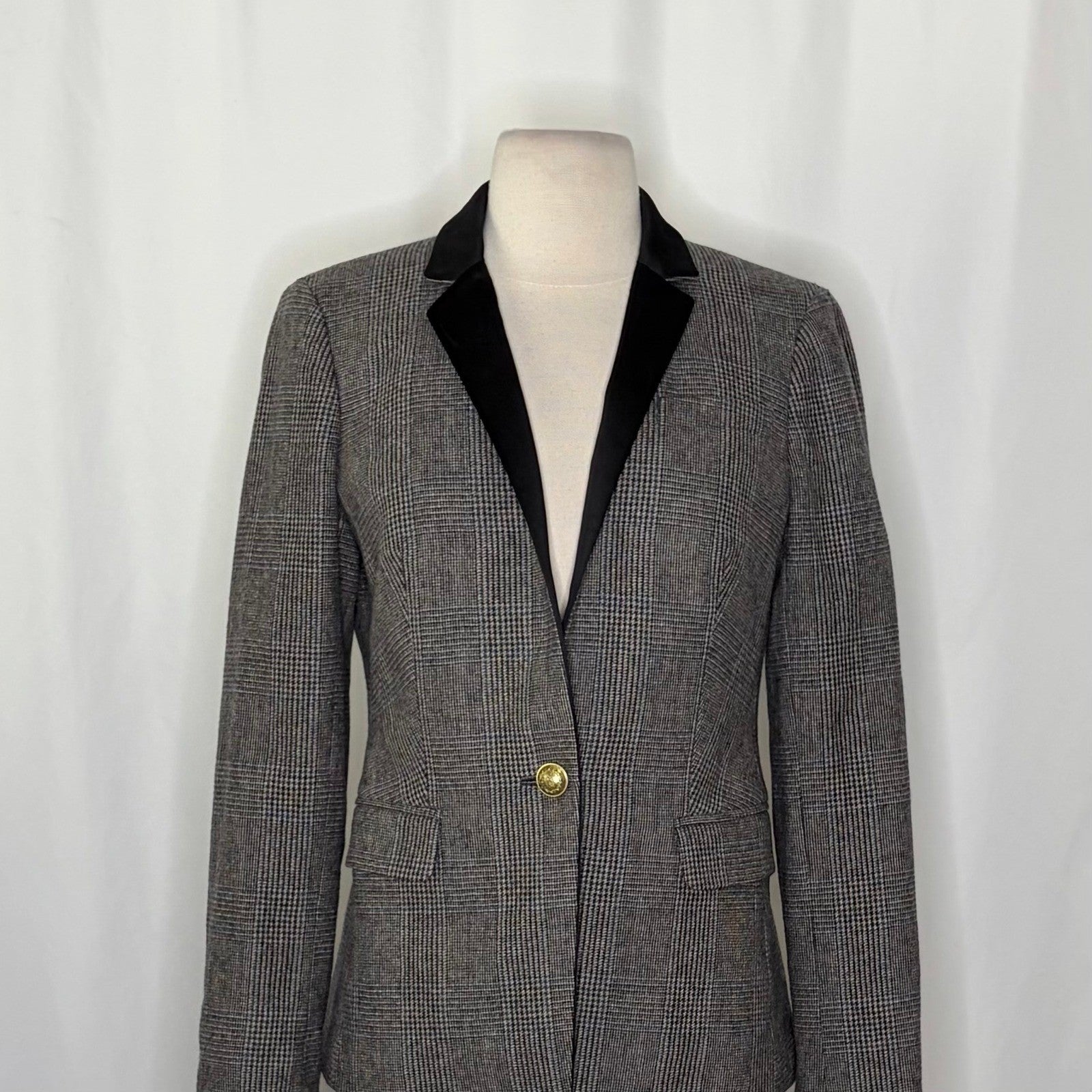 J. CREW Wool Regent Blazer Plaid Satin Lapels Houndstooth Black Gray Size 6