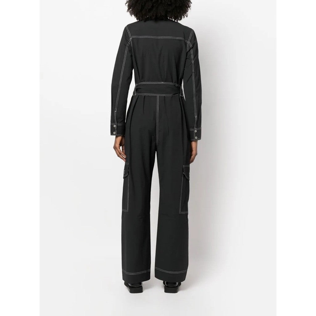 NWT!! GANNI Belted Contrast-Stitch Jumpsuit Black Cargo Pockets Organic Cotton 8