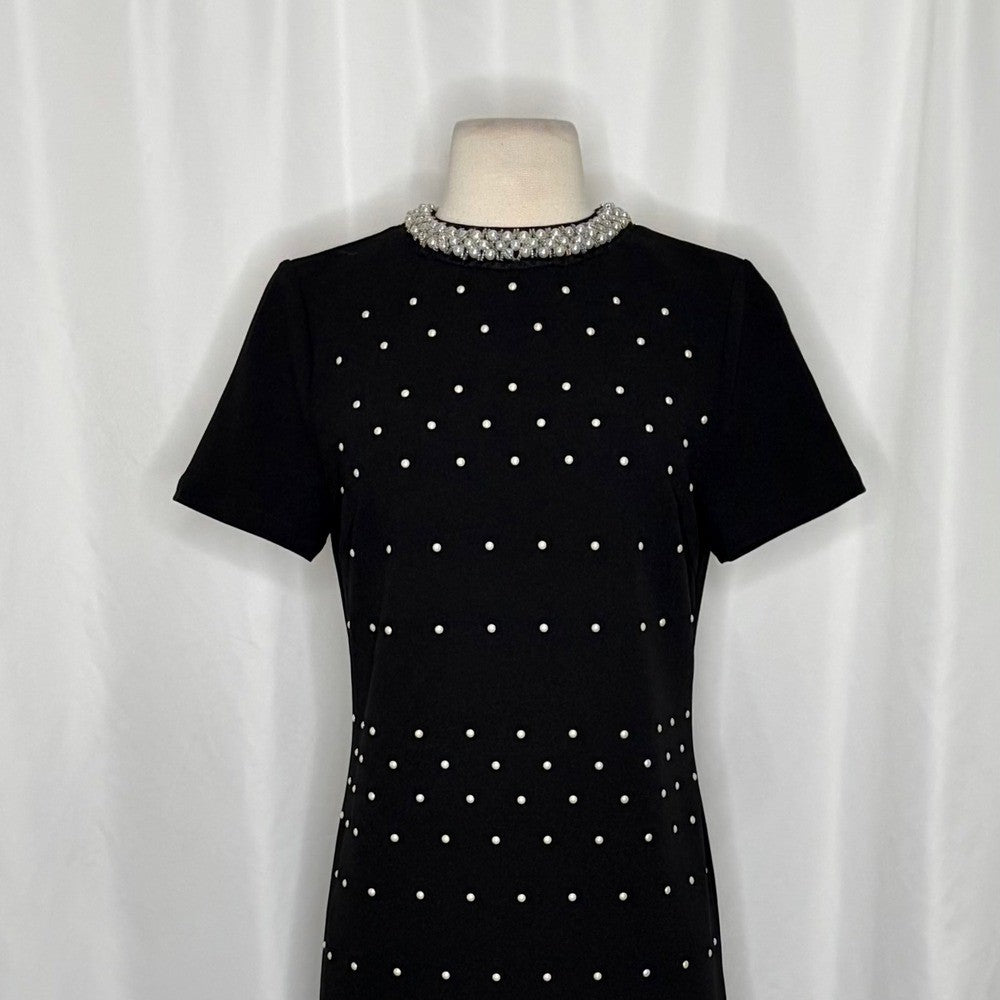 NWT!! MING WANG Heritage Fit Embellished Crepe Sheath Dress Black Pearls X-Small