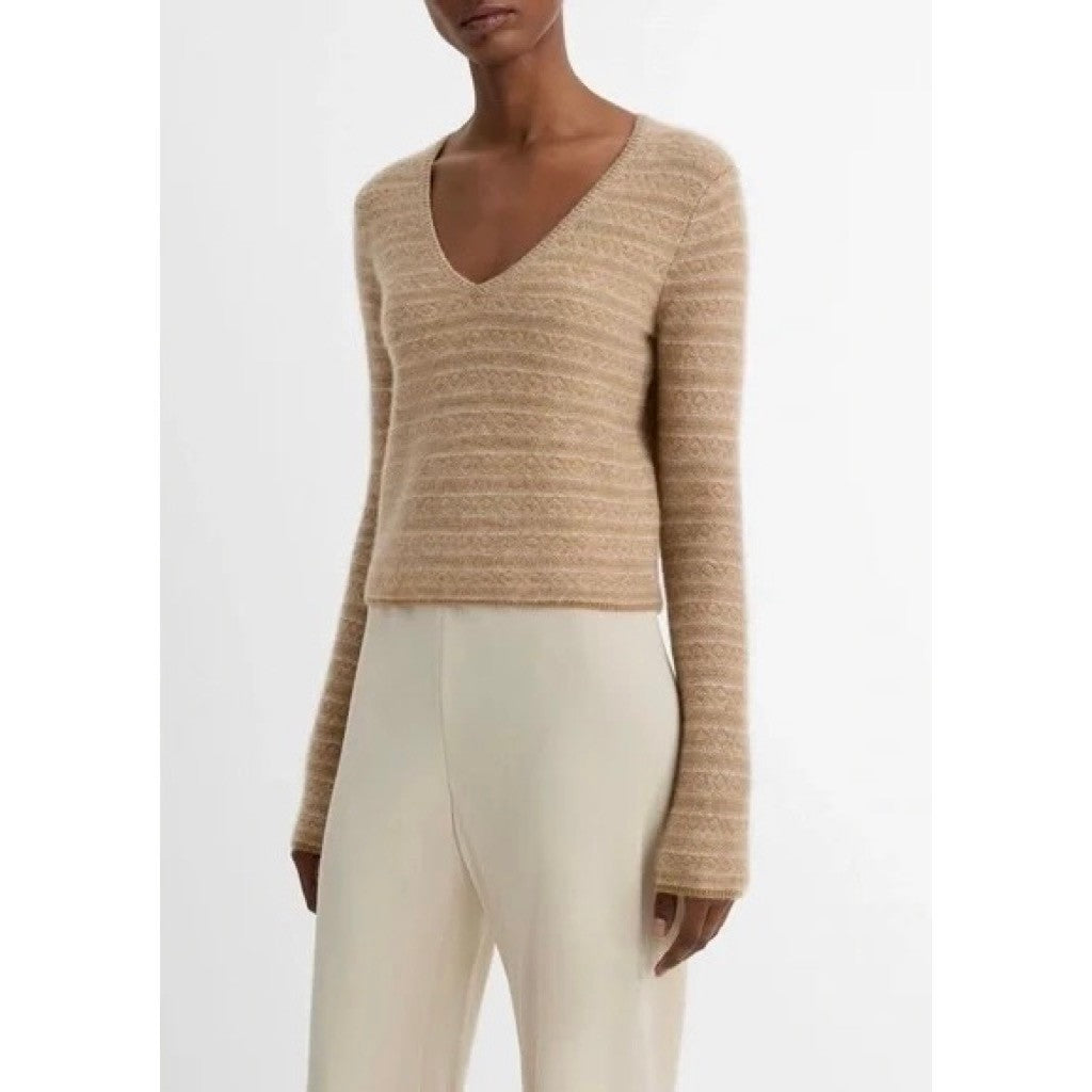 VINCE Cashmere Fair Isle V Neck Sweater Sandshell Combo Preppy Pullover Medium