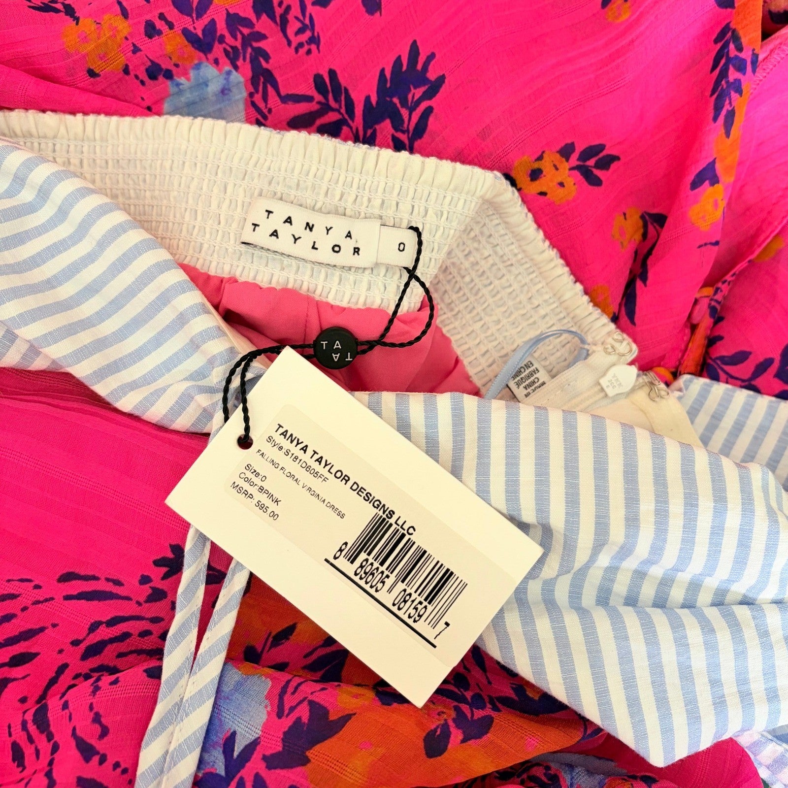 NWT!! TANYA TAYLOR Silk Virginia Dress Falling Floral Pink Striped Halter Size 0