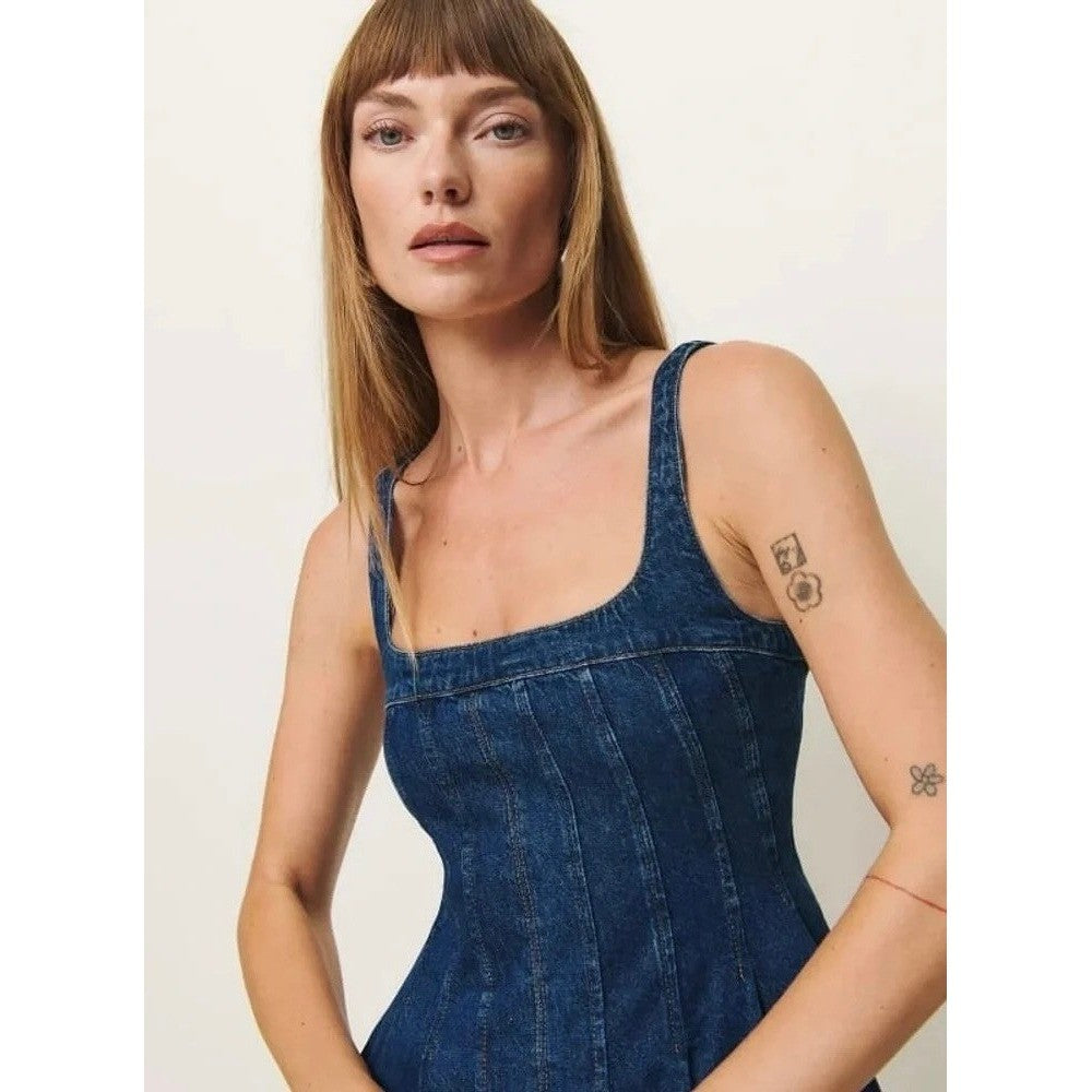 NWT!! REFORMATION Violet Denim Mini Dress Blue Smocked A-Line Skirt Size 12