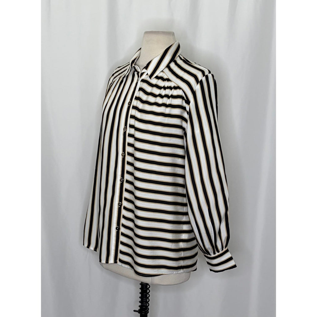 Anthropologie MAEVE Silky Striped Buttondown Black White Tan Button Down Small