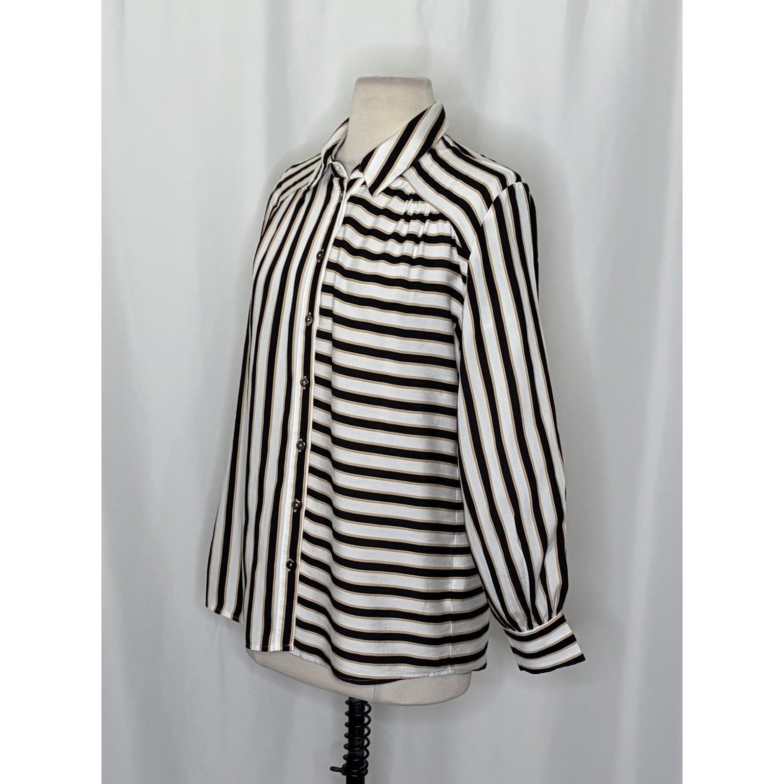 Anthropologie MAEVE Silky Striped Buttondown Black White Tan Button Down Small