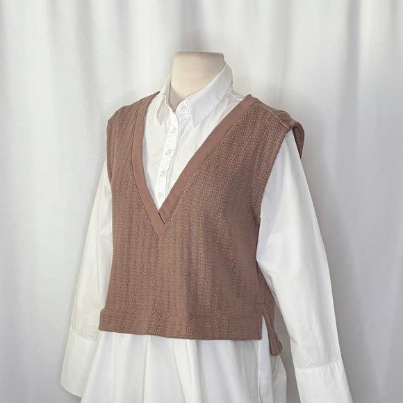 By ANTHROPOLOGIE Twofer Sweater Vest Shirt Blouse Layered Brown White X-Small