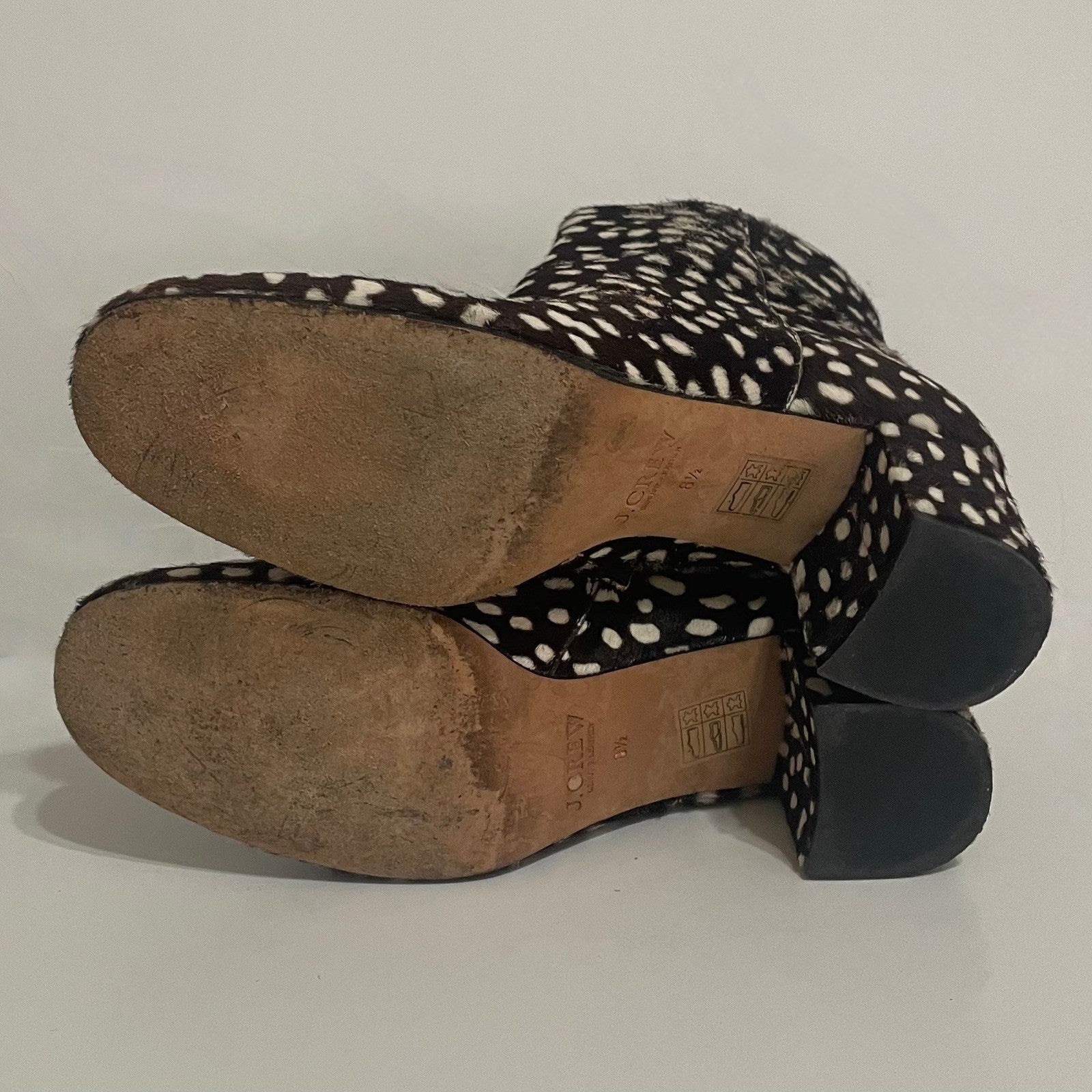 J. CREW Side Zip Ankle Boots Leopard Calf Hair Leather Spotted Zippers Size 8.5