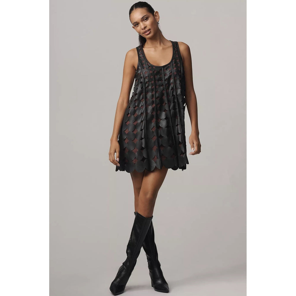 Anthropologie MAEVE Faux Leather Sleeveless Swing Dress Black Circles Mini Small