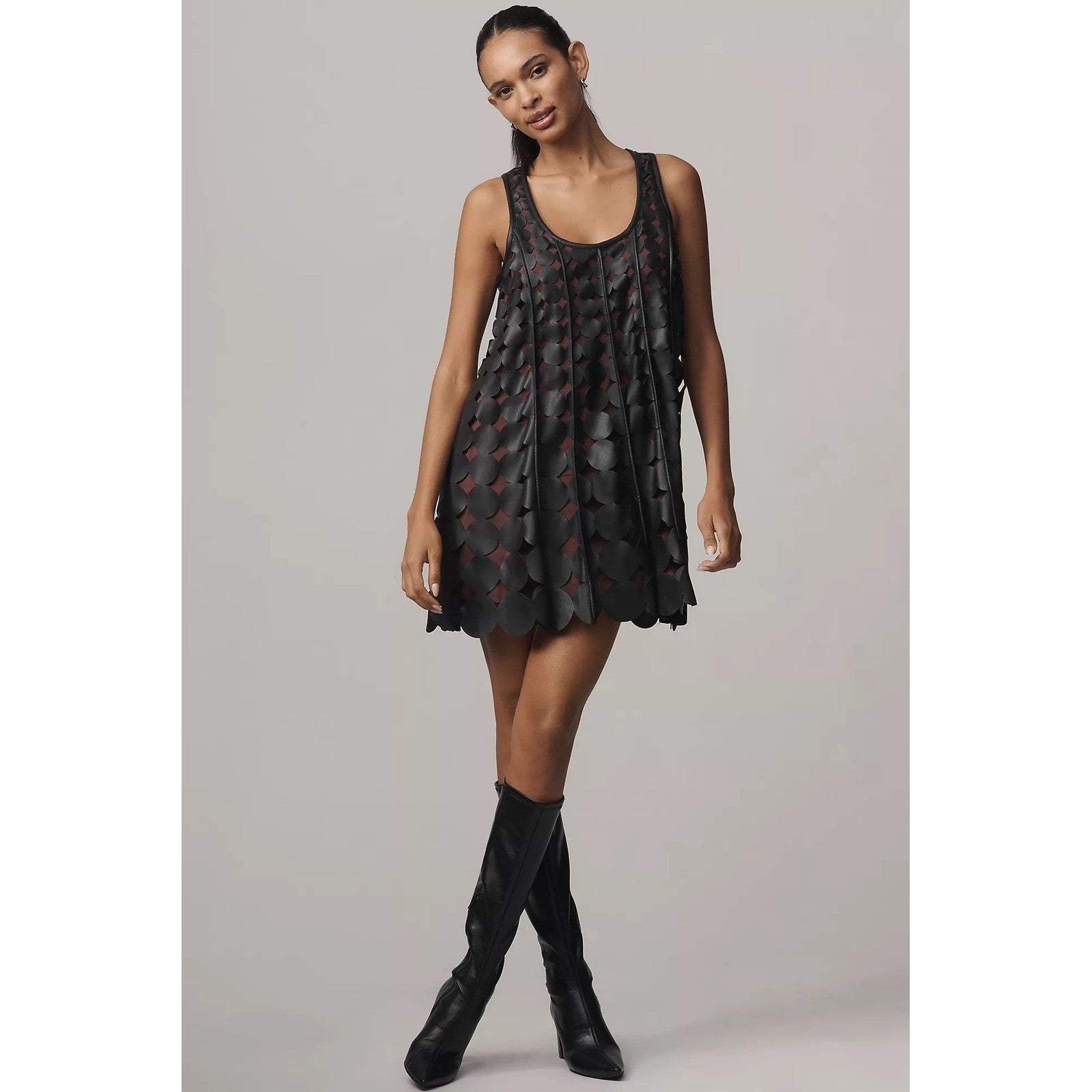 Anthropologie MAEVE Faux Leather Sleeveless Swing Dress Black Circles Mini Small