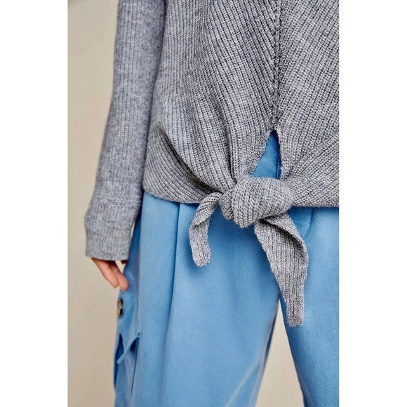 By ANTHROPOLOGIE Rocio Ribbed Tie Front Sweater Solid Gray V Neck Knit Medium