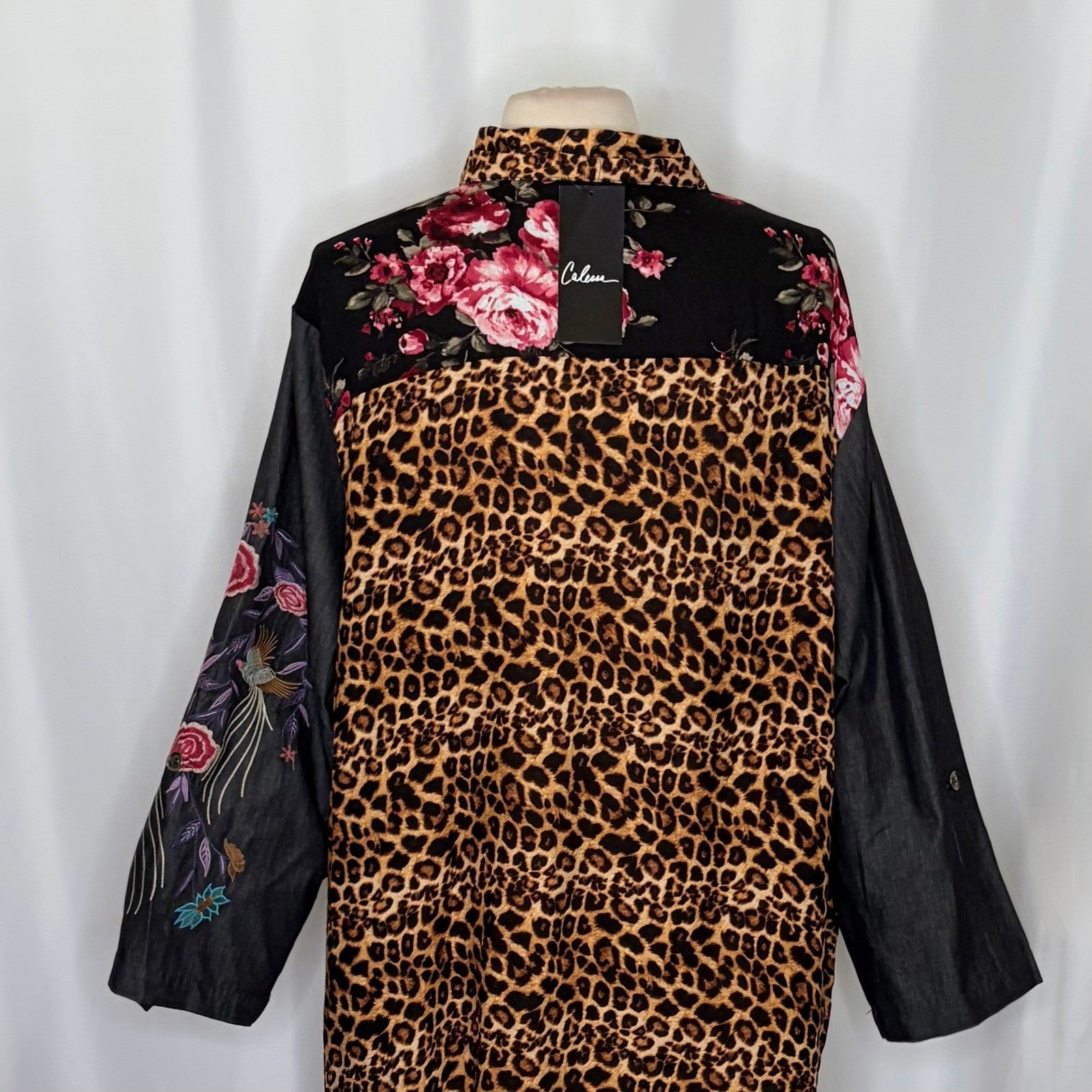NWT!! CALESSA Embroidered Floral Leopard Print Buttondown Top Blouse Size 3X