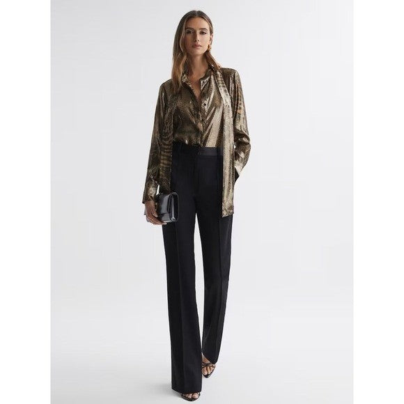 REISS Kendall Metallic Animal Print Tie Neck Blouse Gold Buttondown Size 8
