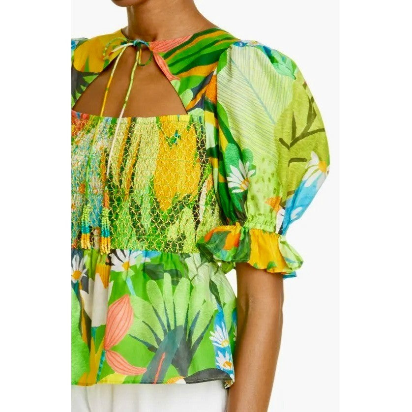 NEW!! FARM RIO Vintage Toucans Smocked Peplum Top Blouse Tropical Small