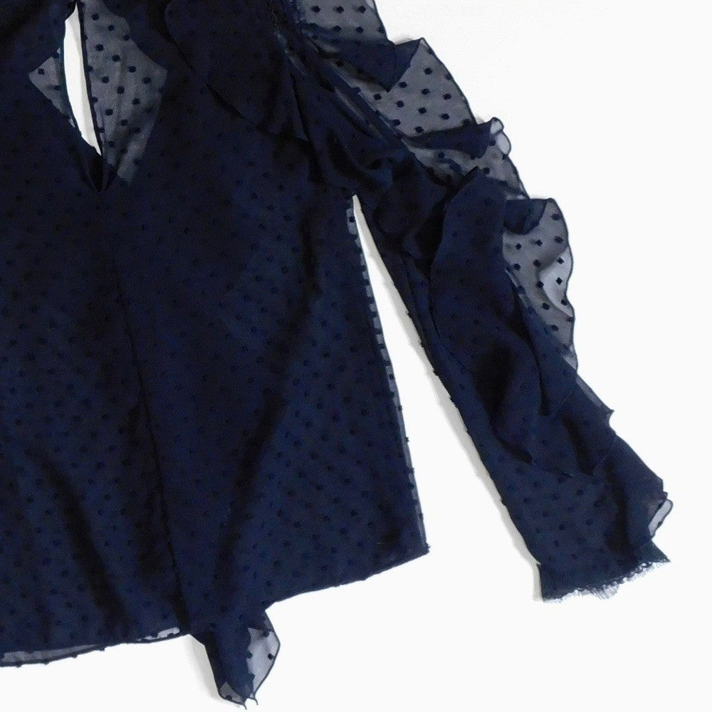 NICHOLAS Navy Blue Swiss Dot Cutout Cold Shoulder Top Blouse Ruffle Size 0