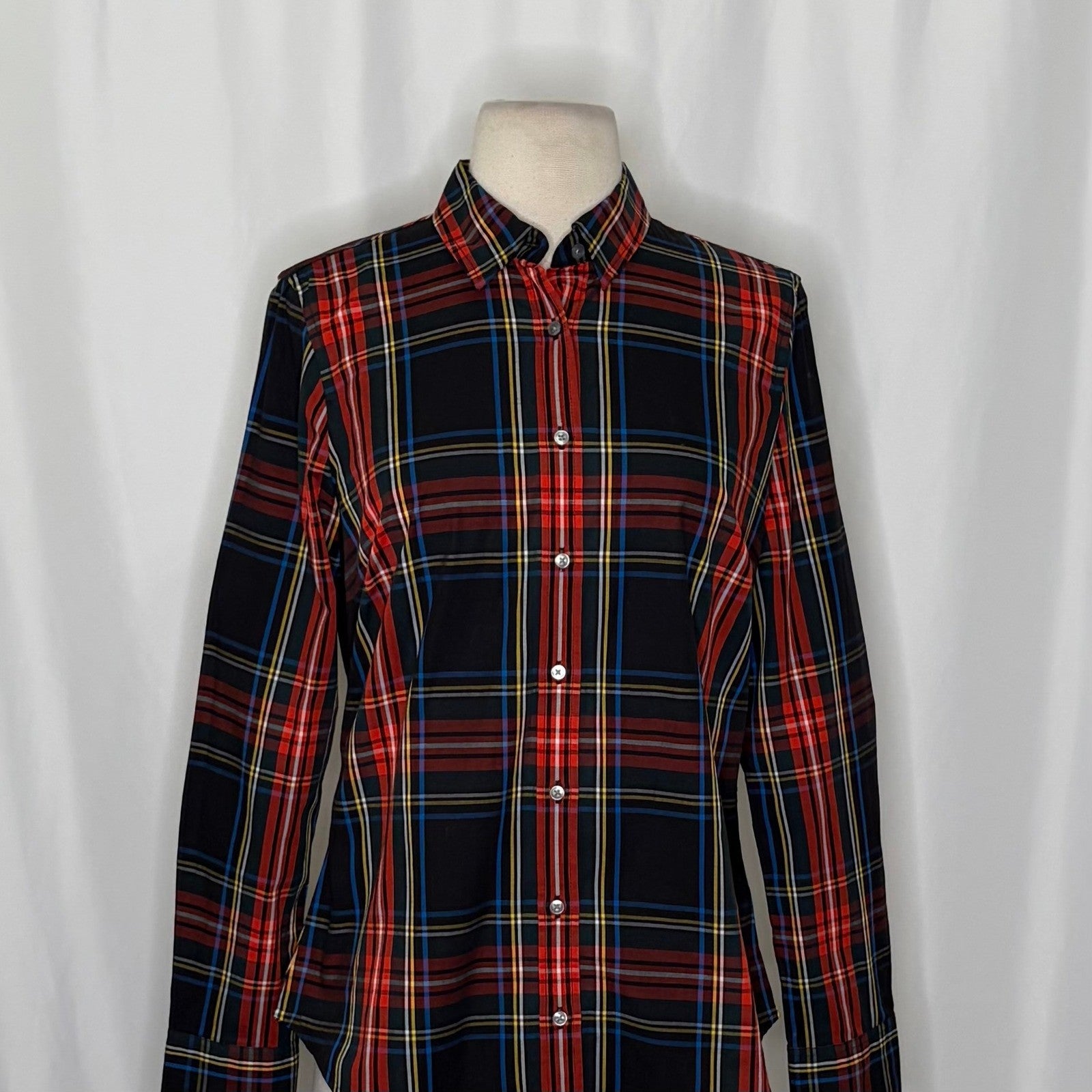 J. CREW Slim Stretch Perfect Shirt Top Black Stewart Tartan Plaid Buttons Size 4