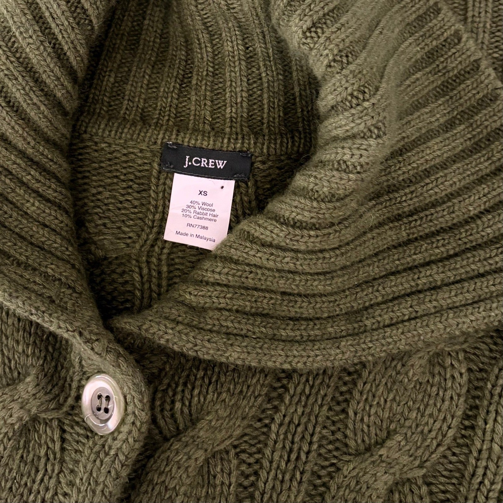 Vintage J. CREW Cable Knit Shawl Collar Cardigan Sweater Wool Cashmere X-Small