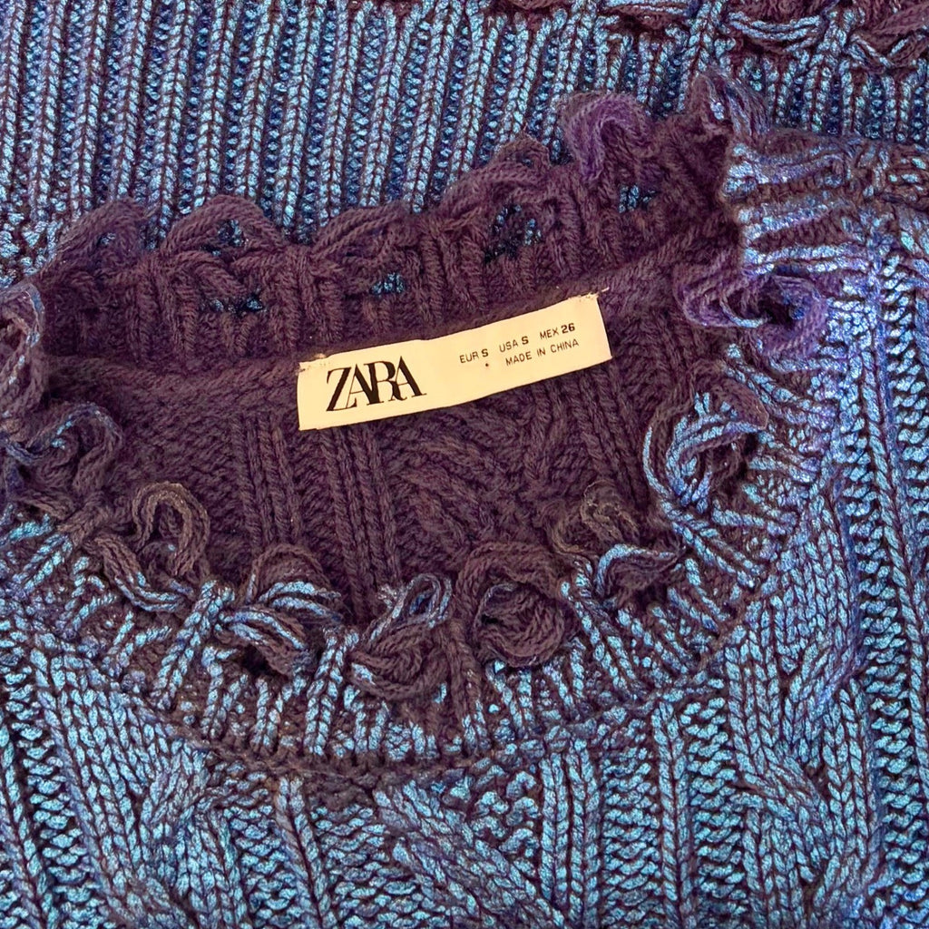 ZARA Metallic Blue Cropped Sweater Cableknit Distressed Cable Knit Crop Small