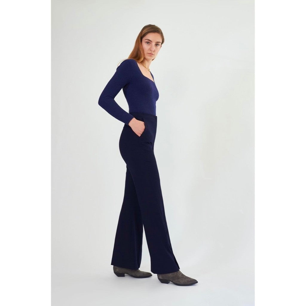 NANUSHKA Tulip Cady Flared Trousers Navy Blue Solid Slit Legs Office Small