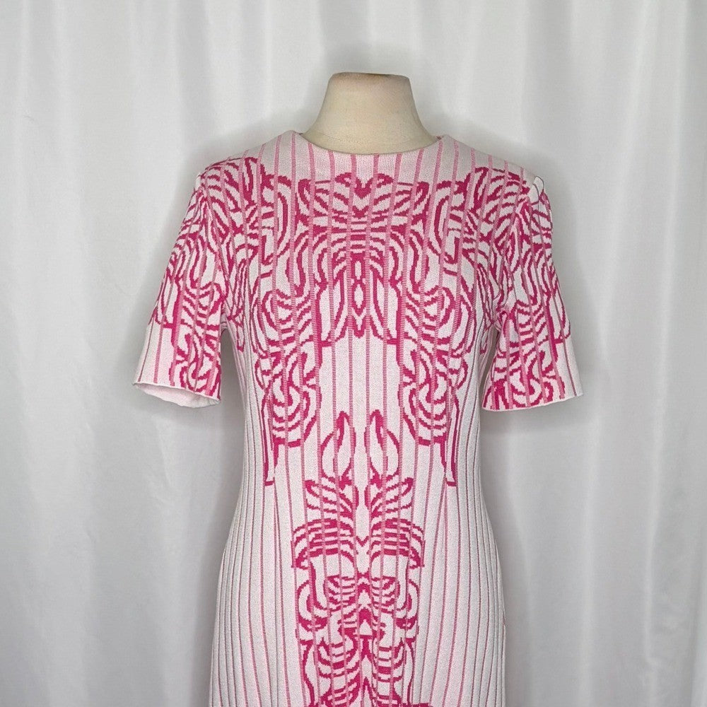 MING WANG Jacquard Rib Dress White Carmine Rose Floral Knit Preppy Office Small