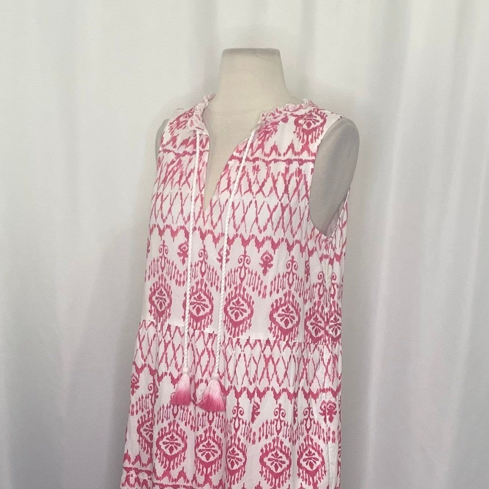 TOMMY BAHAMA Ikat Tropics Passion Pink White Midi Dress Cotton Voile Small