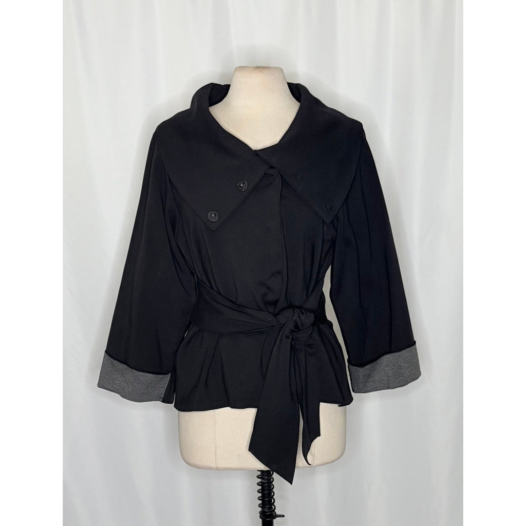 THEORY Sheena Solid Black Belted Jacket Snap Closures Viscose Knit Stretch Large