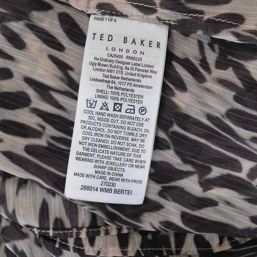 TED BAKER Bertei V Neck Ruffle Blouse Top Brown Abstract Chic Size 6 / US 14