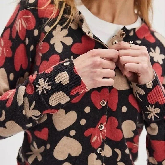 NWT!! FREE PEOPLE Nocturnal Patterned Cardi Black Retro Combo Hearts Floral XS