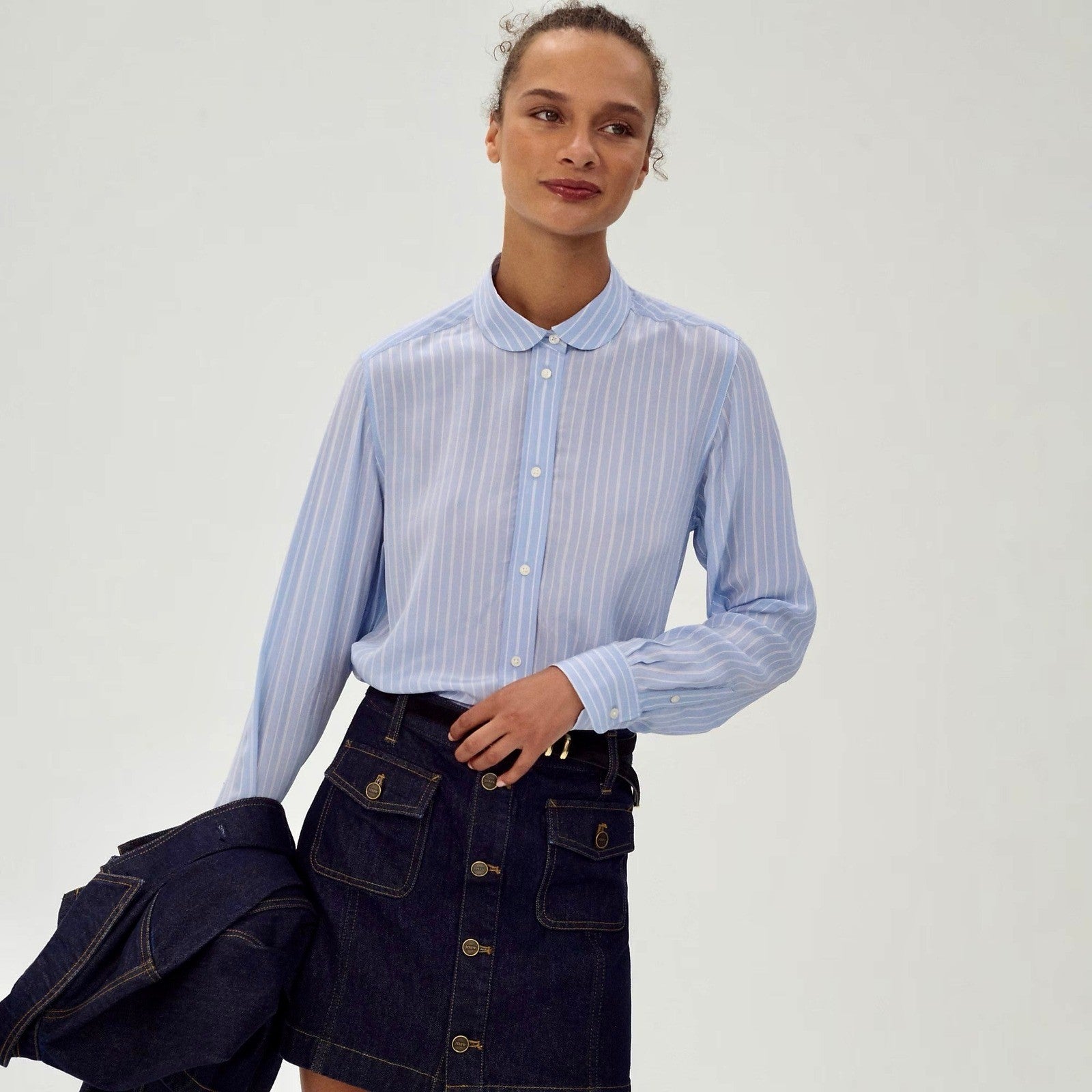 NWT!! J. CREW Jules Club Collar Shirt Striped Crepe De Chine Blue Stripe Size 00